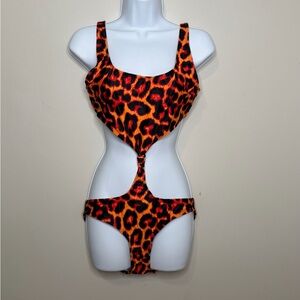 Missguided leopard one piece cut out swimsuit. Bright orange leopard print.